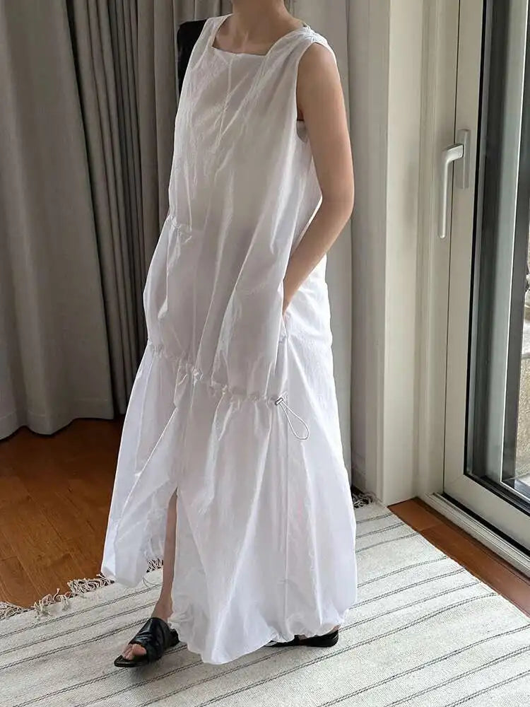 Women White Gray Big Size Long Elegant Thin Dress New Square Collar Sleeveless Fashion Tide Spring Summer 2025 1DH6054