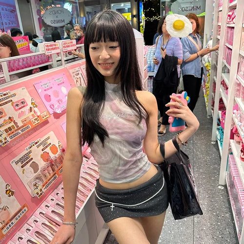 Load image into Gallery viewer, Japanese Y2k Halter Tops Vintage 2000s Style Diamond Tank Top Harajuku Tie-dye Backless Crop Top Korean Popular Tanktop
