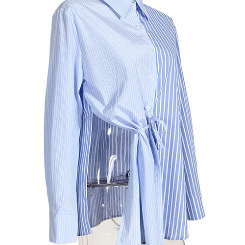 Load image into Gallery viewer, Colorblock Striped Blouses For Women Lapel Long Sleeves Side Split Binding Designer Blouse Female Fashion Clothes
