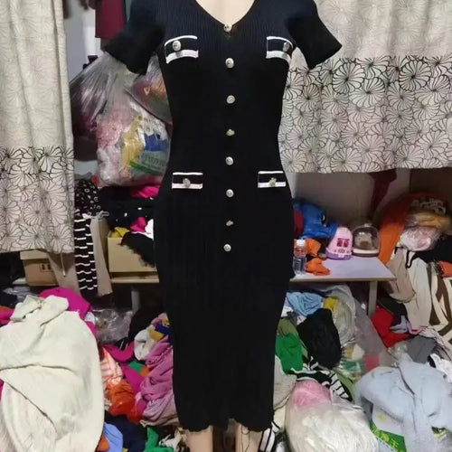 Load image into Gallery viewer, French Fashion Women's Solid V Neck Elegant Slim Short Sleeved Dress Summer Single Breasted Office Lady Knitted Dress Simplicity
