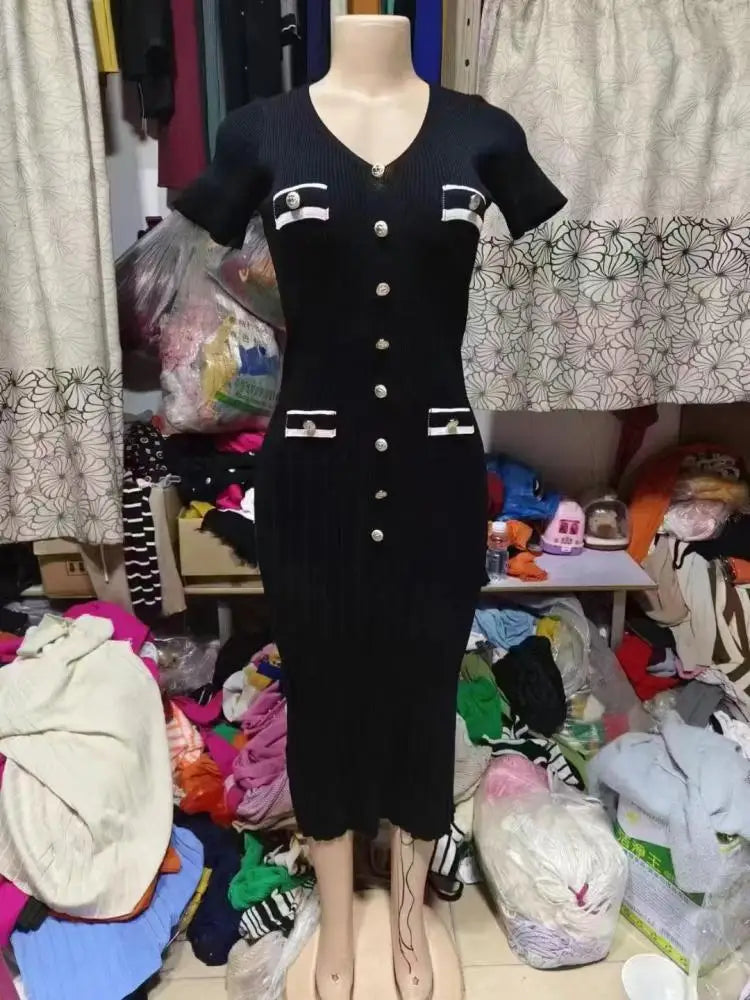 French Fashion Women's Solid V Neck Elegant Slim Short Sleeved Dress Summer Single Breasted Office Lady Knitted Dress Simplicity