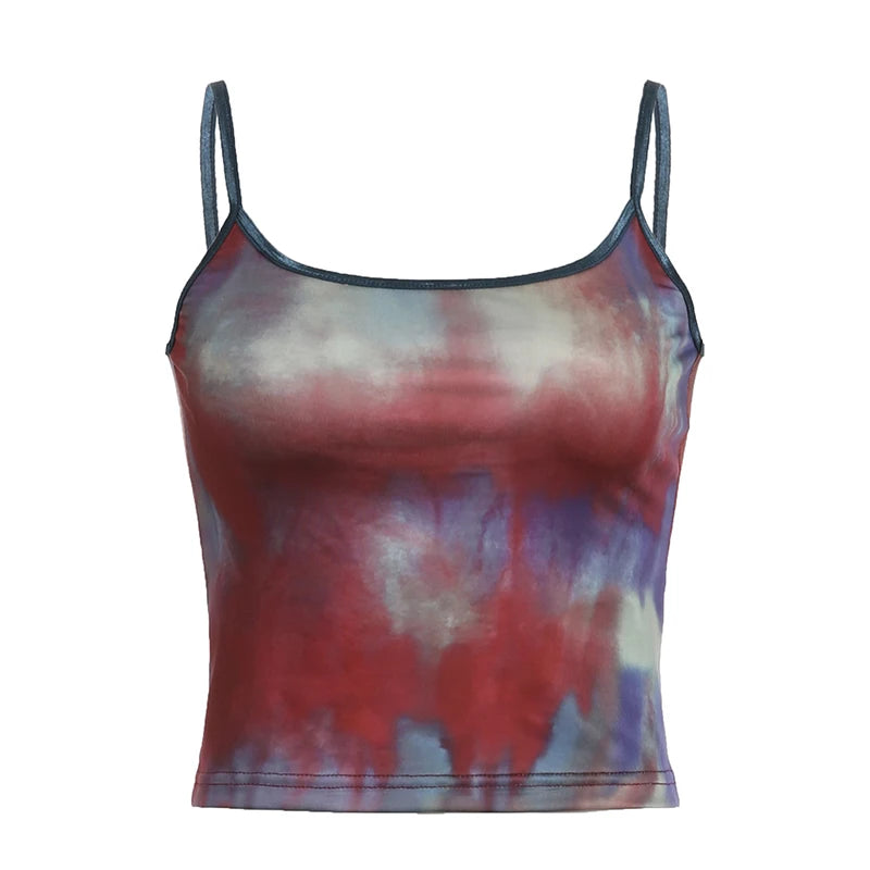 Vintage Grunge Tie Dye Strap Camis Tops Y2K Aesthetic Slim Summer Crop Top Female Digital Printing Party Sleeveless