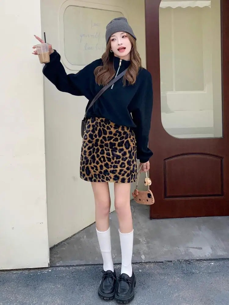 Korean Fashion Women's Black Half Zipper Lapel Cotton T Shirt Trend Autumn Grey Long Sleeves Vacation Loose Short Tops Clothing