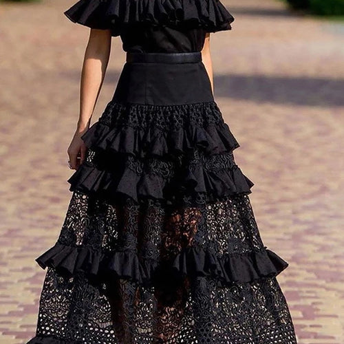 Load image into Gallery viewer, Hollow Out Lace Dress For Women Slash Neck Short Sleeve Off Shoulder High Waist Spliced Ruffles Long Dresses Female Summer
