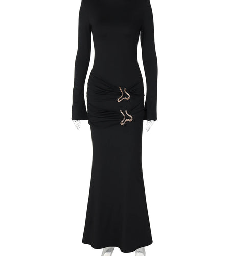 Elegant Black Long Sleeve Draped Tie Metal Ruched Sexy Bodycon Maxi Dress Autumn Women Y2K Outfits Night Party Festival