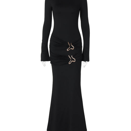 Load image into Gallery viewer, Elegant Black Long Sleeve Draped Tie Metal Ruched Sexy Bodycon Maxi Dress Autumn Women Y2K Outfits Night Party Festival
