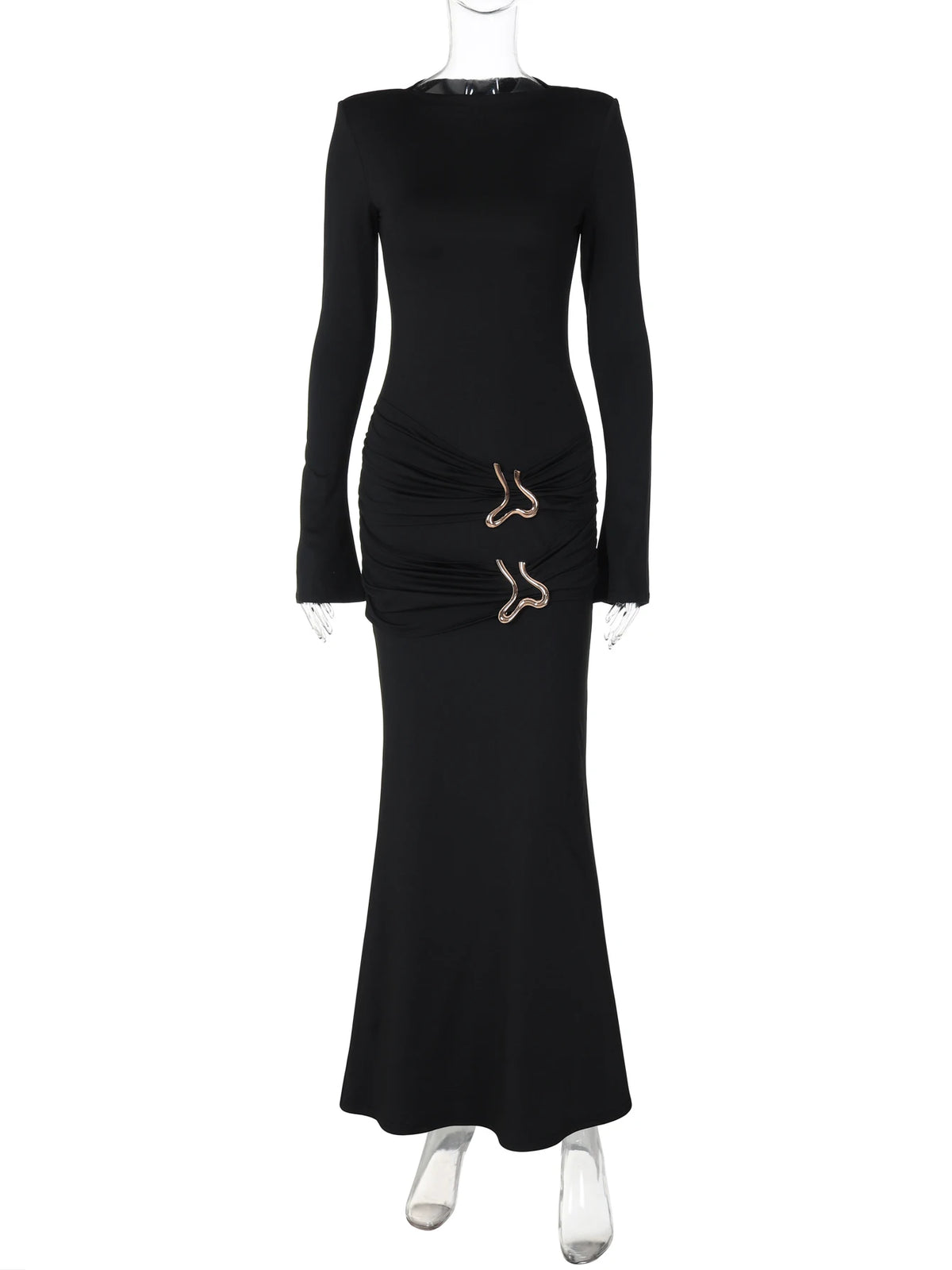 Elegant Black Long Sleeve Draped Tie Metal Ruched Sexy Bodycon Maxi Dress Autumn Women Y2K Outfits Night Party Festival
