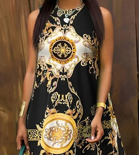 Elegant Print Dresses for Women Round-neck Sleeveless Contrast Color Pocket Vintage A-line Summer Dress for Woman