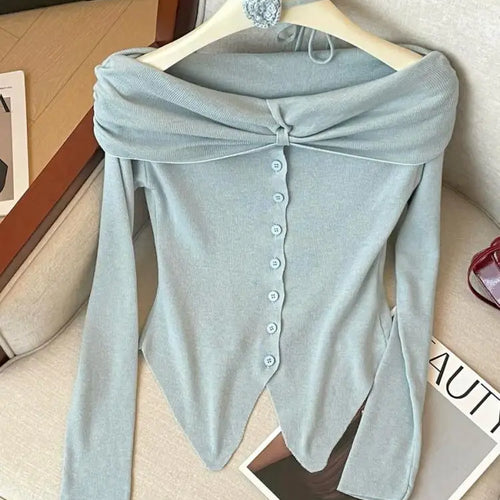 Load image into Gallery viewer, Spring Women&#39;s Purple Blue Off Shoulder Festival Irregular Cardigan Sweater Korean Fashion Beige Single Breasted Short Knit Tops
