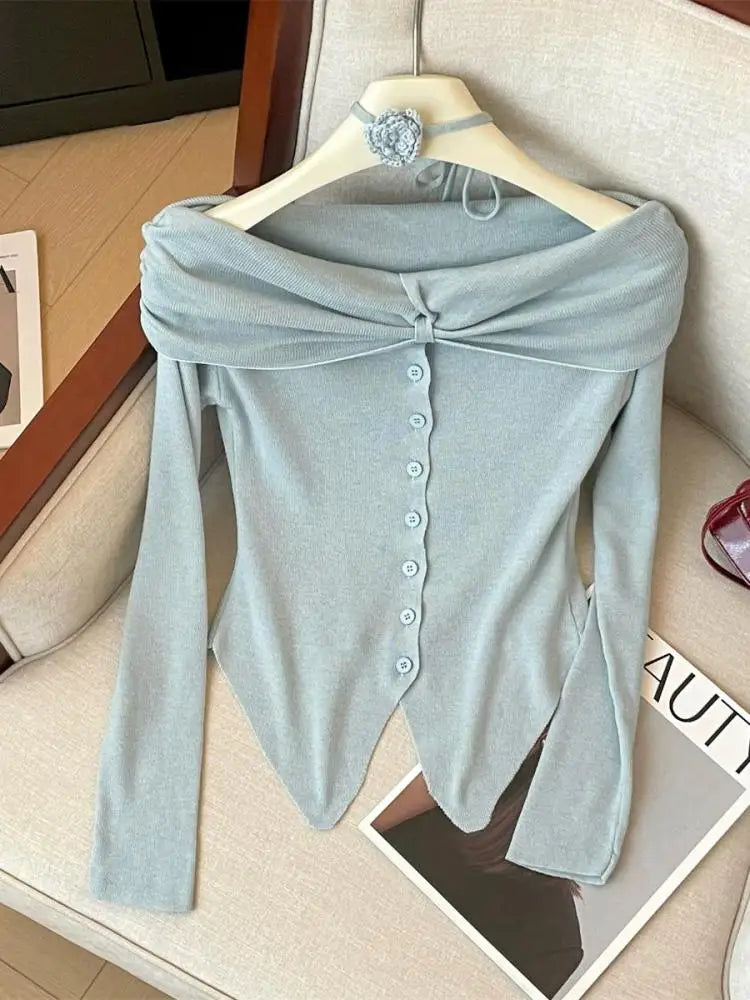 Spring Women's Purple Blue Off Shoulder Festival Irregular Cardigan Sweater Korean Fashion Beige Single Breasted Short Knit Tops