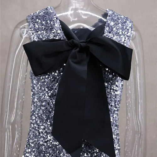 Load image into Gallery viewer, Sequins Backless Bow Sexy Mini Dress For Women Robe 2025 New Sleeveless A-line Sparkle Club Dress Elegant Vestido
