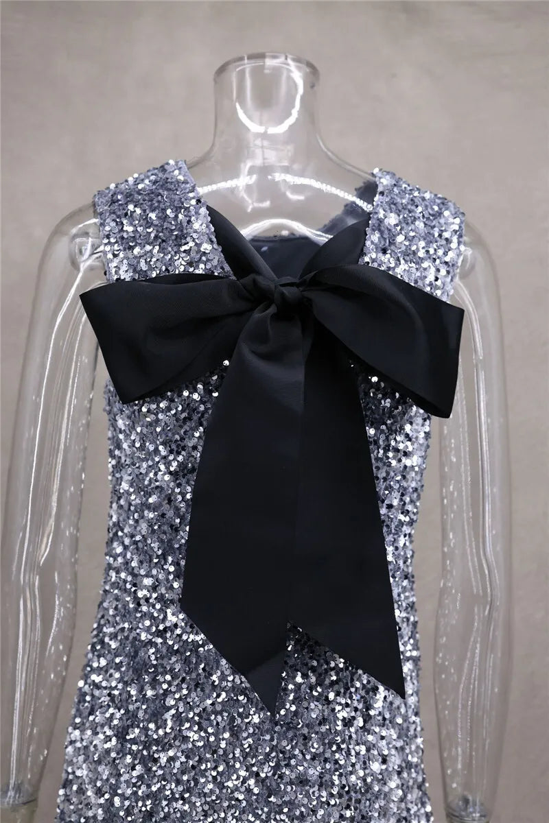 Sequins Backless Bow Sexy Mini Dress For Women Robe 2025 New Sleeveless A-line Sparkle Club Dress Elegant Vestido