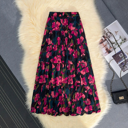 Load image into Gallery viewer, Korean Fashion Red Floral Print Skirt Women 2024 Spring Summer New Purple Floral Elegant A-line Beach Holdiay Long Skirts Trendy
