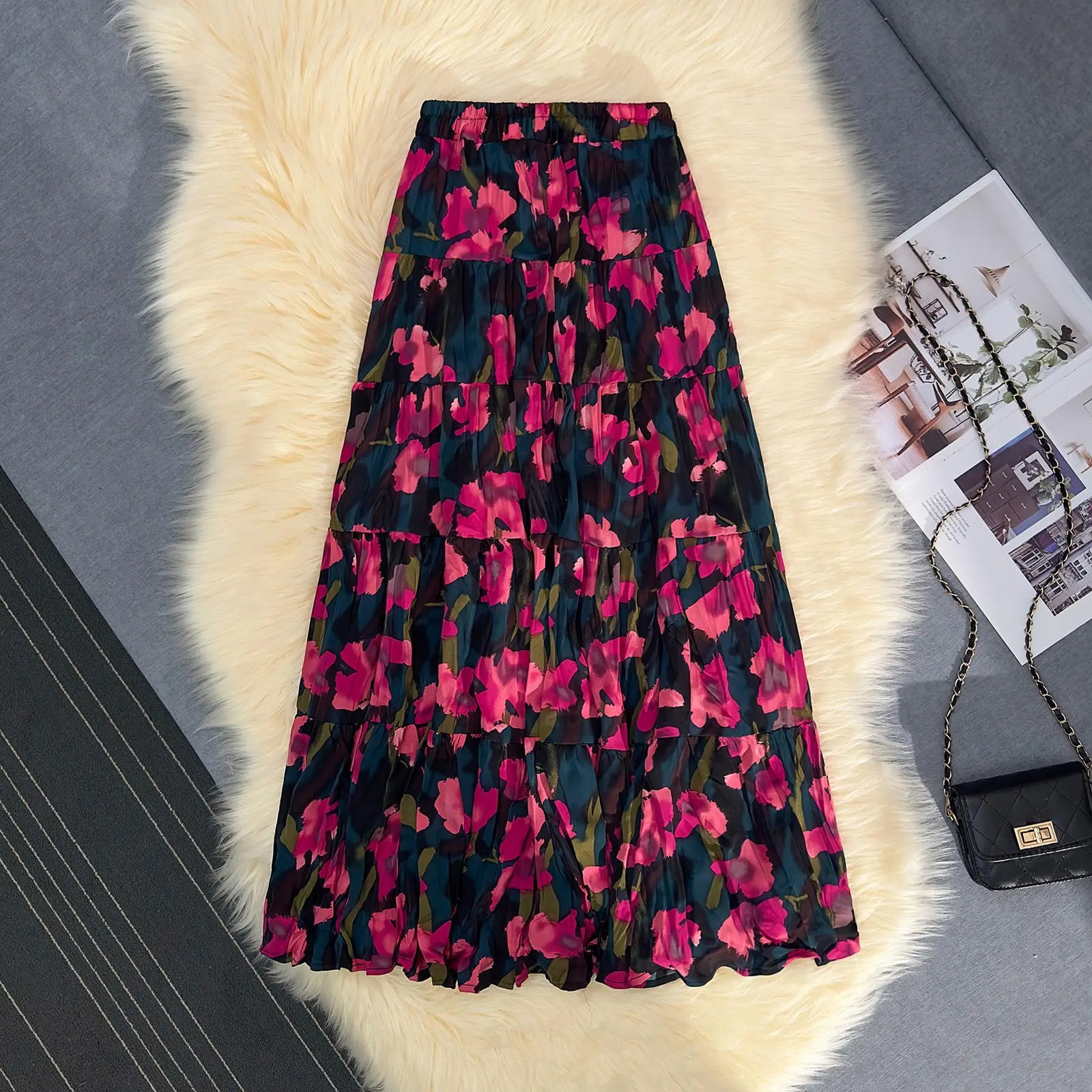 Korean Fashion Red Floral Print Skirt Women 2024 Spring Summer New Purple Floral Elegant A-line Beach Holdiay Long Skirts Trendy