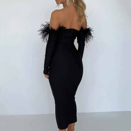 Load image into Gallery viewer, Elegant Off-shoulder Feather Sleeve Maxi Dress Women 2022 New Strapless Backless Bodycon Long Dress Vestido
