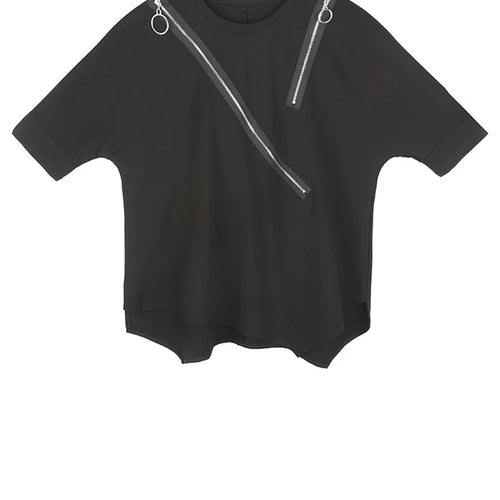 Load image into Gallery viewer, Women Black Asymmetrical Sittch Big Size T-shirt New Round Neck Long Sleeve  Fashion Tide  Spring Autumn 2025 1S185
