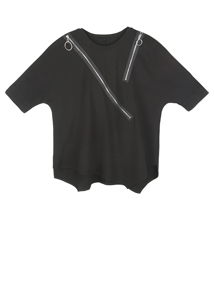 Women Black Asymmetrical Sittch Big Size T-shirt New Round Neck Long Sleeve  Fashion Tide  Spring Autumn 2025 1S185