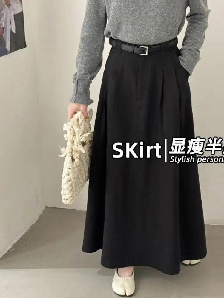 Spring Summer Korean Fashion Solid Elegant Sexy Pleated Long Skirt Women High Waist Festival Versatile Slim Skirts 2025 Casual