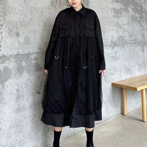 Load image into Gallery viewer, Women White Mesh Ribbons Pocket Big Size Midi Shirt Dress New Lapel Long Sleeve Fashion Tide Spring Autumn 2025 1DH8647
