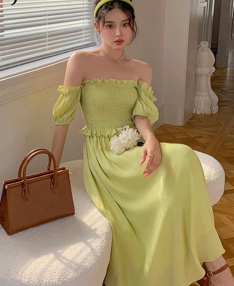 Pure Color Off The Shoulders Dresses Edible Tree Fungus Chic Sweet Slim Waist Chiffon Women Dresses Summer New Y2k Dress