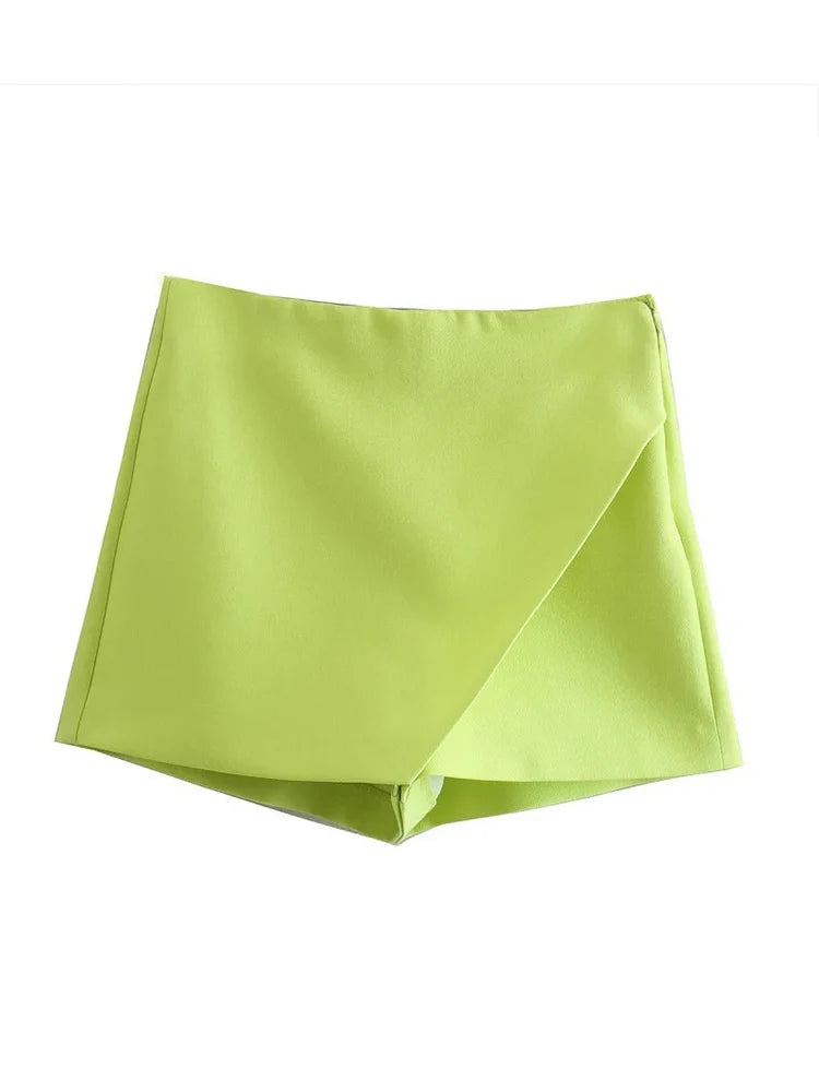Women Fashion Candy Color Asymmetrical Shorts Skirts Lady Zipper Fly Pockets Hot Shorts Chic Pantalone
