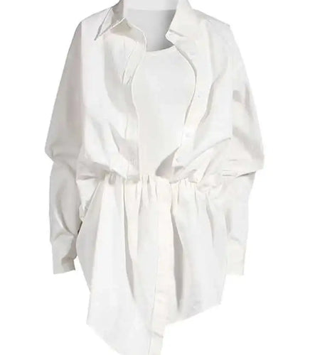 Women White Irregular Knot Split Big Size  Dress New Lapel Long Sleeve Loose Fit Fashion Spring Summer 2025 1X3420