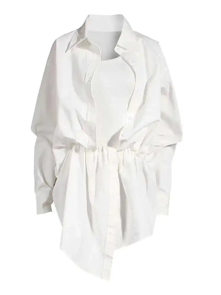 Women White Irregular Knot Split Big Size  Dress New Lapel Long Sleeve Loose Fit Fashion Spring Summer 2025 1X3420