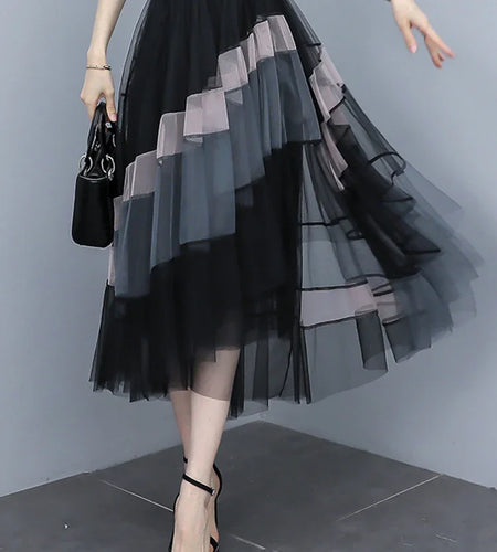 Fashion Patchwork Tulle Long Skirt Women 2023 Spring Summer Elegant High Street Mesh High Waist Pleated Midi Skirt Female