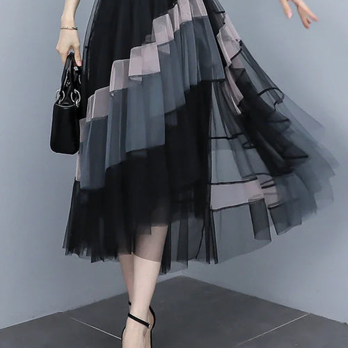 Load image into Gallery viewer, Fashion Patchwork Tulle Long Skirt Women 2023 Spring Summer Elegant High Street Mesh High Waist Pleated Midi Skirt Female
