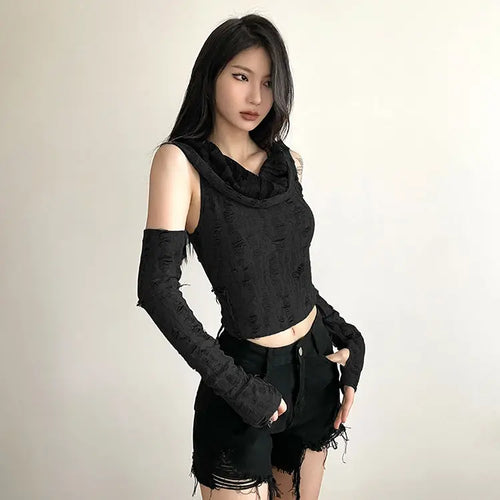 Load image into Gallery viewer, Crop Tops Woman Tshirts Fashion Korean Camisetas Hooded Long Sleeve Tunic Tees 2024 Ropa Mujer Harajuku Hole Summer Y2k T Shirt
