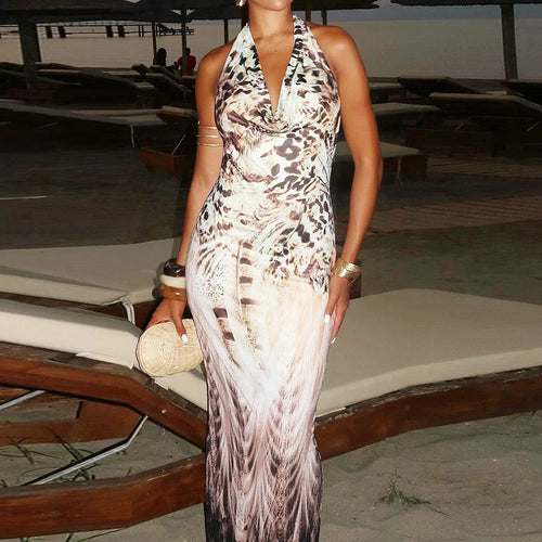 Load image into Gallery viewer, Backless Print V-neck Lace Up Sexy Maxi Dress For Women Slim Fit Sleeveless Hollow Out Dress Vacation Outfit Autumn
