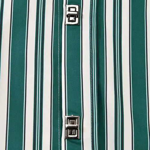 Load image into Gallery viewer, Women Green Striped Big Size Vintage Blouse New Lapel Long Sleeve Loose Fit Shirt Fashion Tide Spring Autumn 2025 CPG0669
