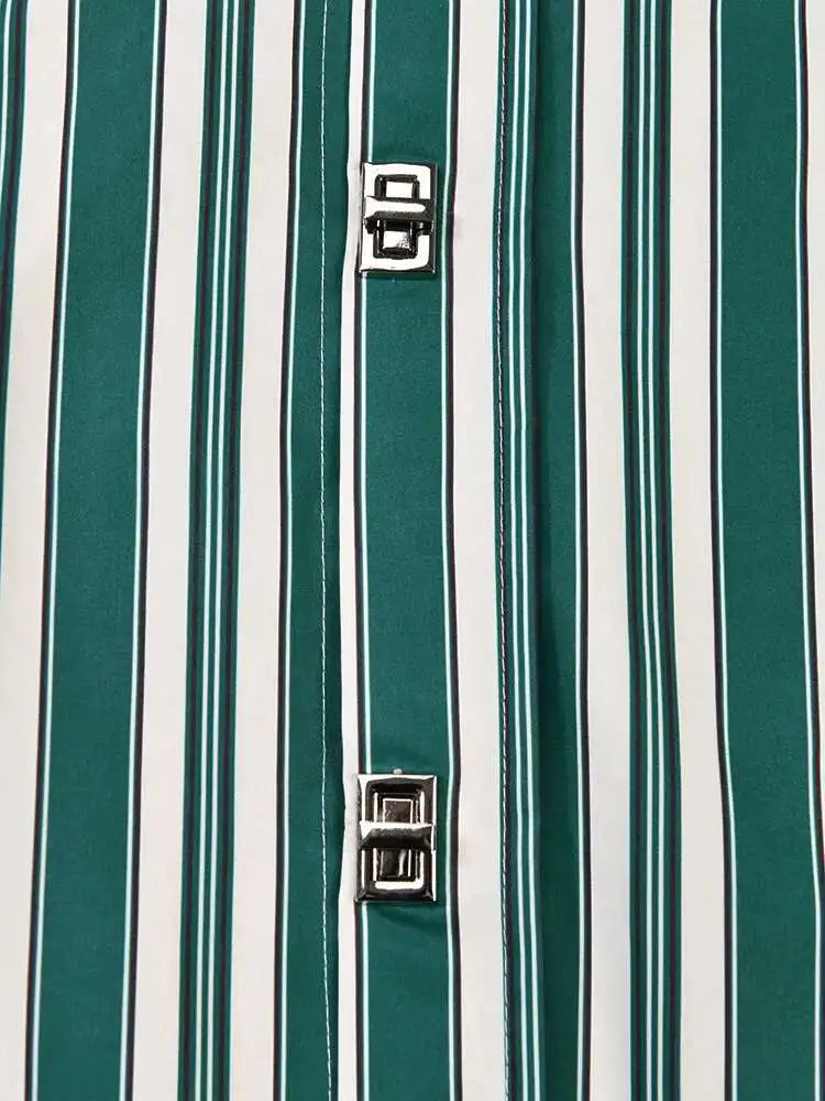 Women Green Striped Big Size Vintage Blouse New Lapel Long Sleeve Loose Fit Shirt Fashion Tide Spring Autumn 2025 CPG0669