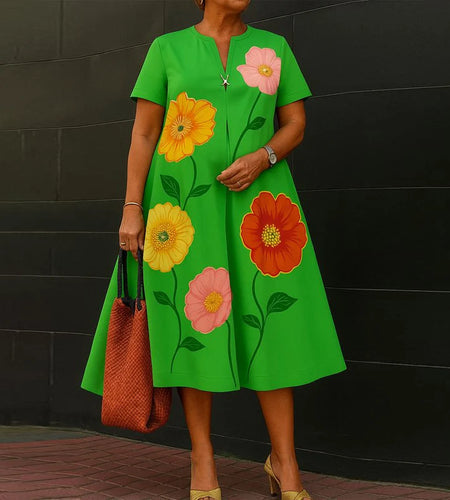 Summer Casual Flower Print A-line Flared Dresses for Womens Shorts Sleeves V-neck Woman Oversize Dresses 2025 New
