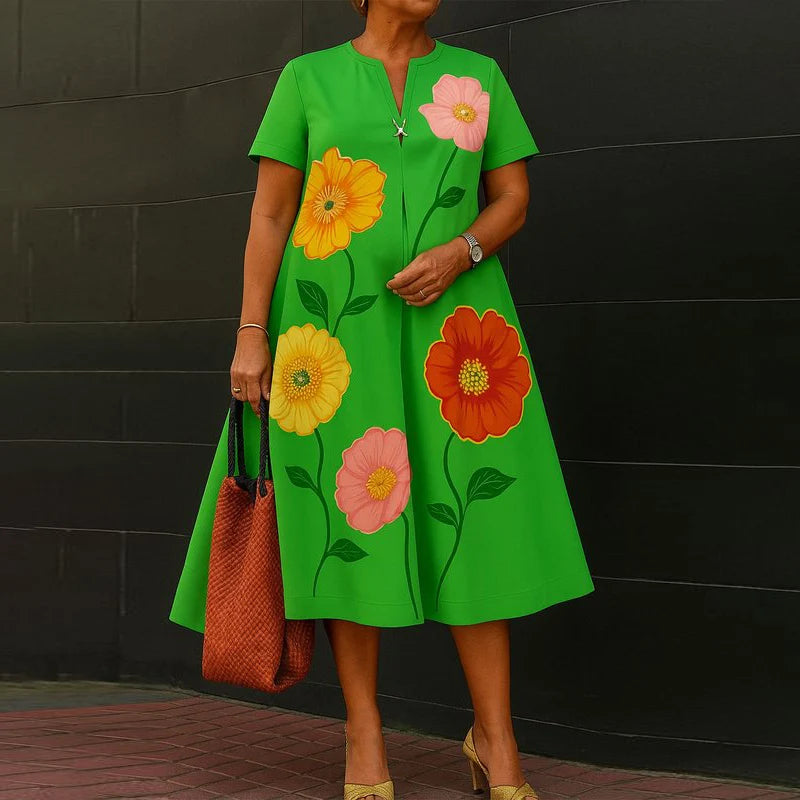 Summer Casual Flower Print A-line Flared Dresses for Womens Shorts Sleeves V-neck Woman Oversize Dresses 2025 New