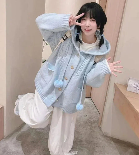 Japanese Kawaii Button Knitted Cardigan Women Blue Kardigan Damski Harajuku Cute Girl Hoody Sweater Jackets Y2k  Coat