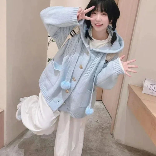 Load image into Gallery viewer, Japanese Kawaii Button Knitted Cardigan Women Blue Kardigan Damski Harajuku Cute Girl Hoody Sweater Jackets Y2k  Coat
