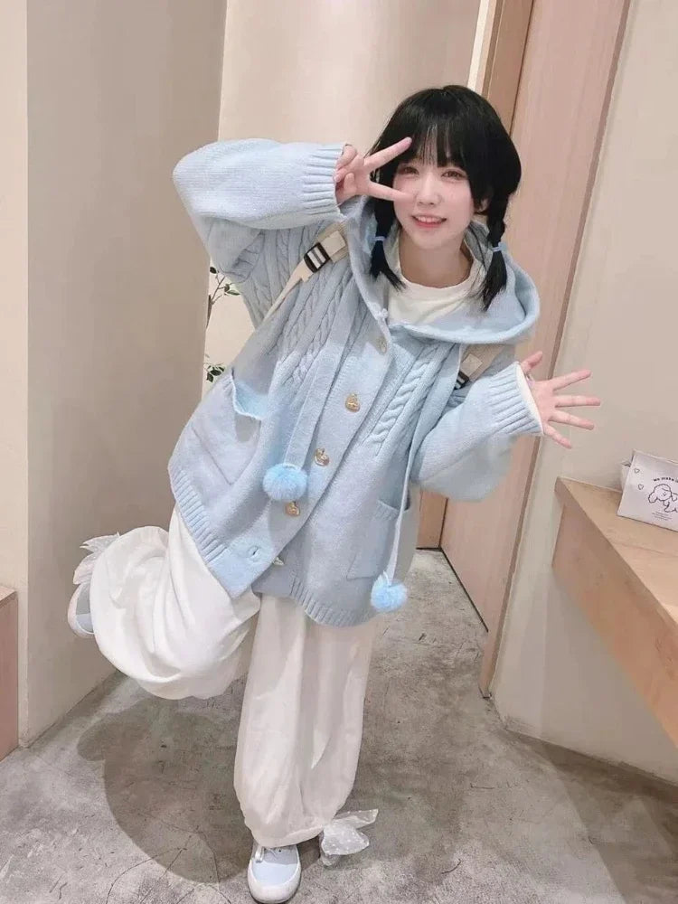 Japanese Kawaii Button Knitted Cardigan Women Blue Kardigan Damski Harajuku Cute Girl Hoody Sweater Jackets Y2k  Coat