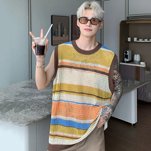 Load image into Gallery viewer, Men&#39;s Stripe Contrast Color Vests Stylish Hollow Out Knit Tank Top Male Loose Fitting Summer Lazy Sleeveless T-shirt 9C571
