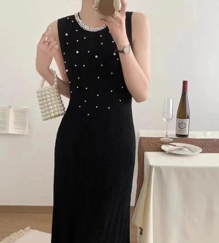 Korean Solid Pearl Elegant Round Neck Slim Vest Long Dresses For Women Sleeveless Fashion Sexy Knitted Dress Summer 2025 Popular