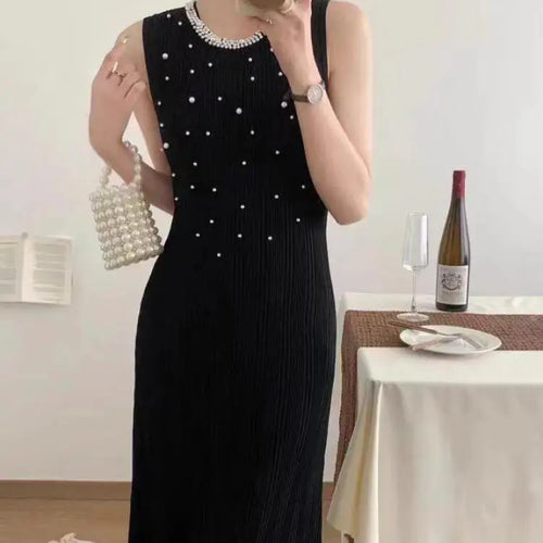 Load image into Gallery viewer, Korean Solid Pearl Elegant Round Neck Slim Vest Long Dresses For Women Sleeveless Fashion Sexy Knitted Dress Summer 2025 Popular

