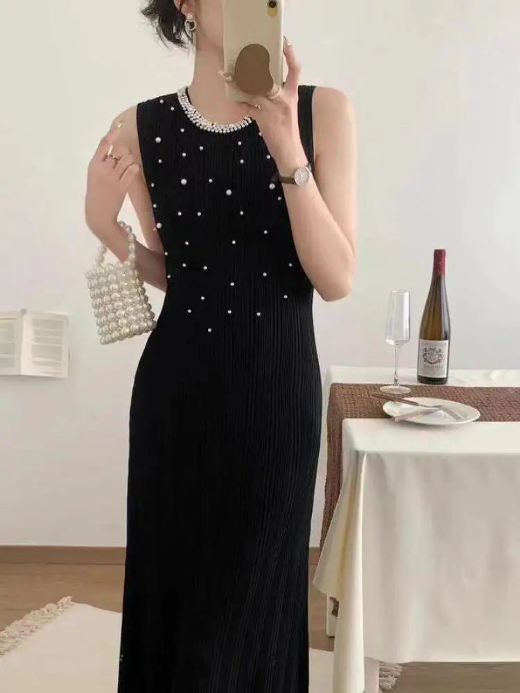 Korean Solid Pearl Elegant Round Neck Slim Vest Long Dresses For Women Sleeveless Fashion Sexy Knitted Dress Summer 2025 Popular