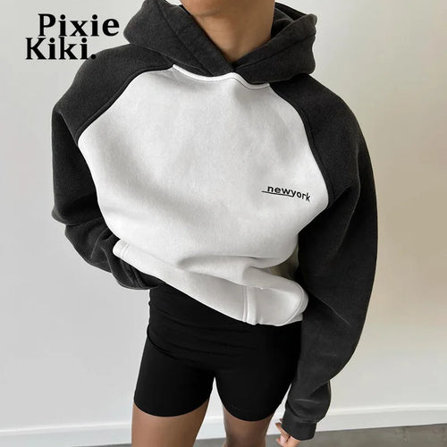 Load image into Gallery viewer, Hooded Sweatshirts Letter Print Black and White Patchwork Casual Loose Pullovers Women Long Sleeve Tees P67-DZ49
