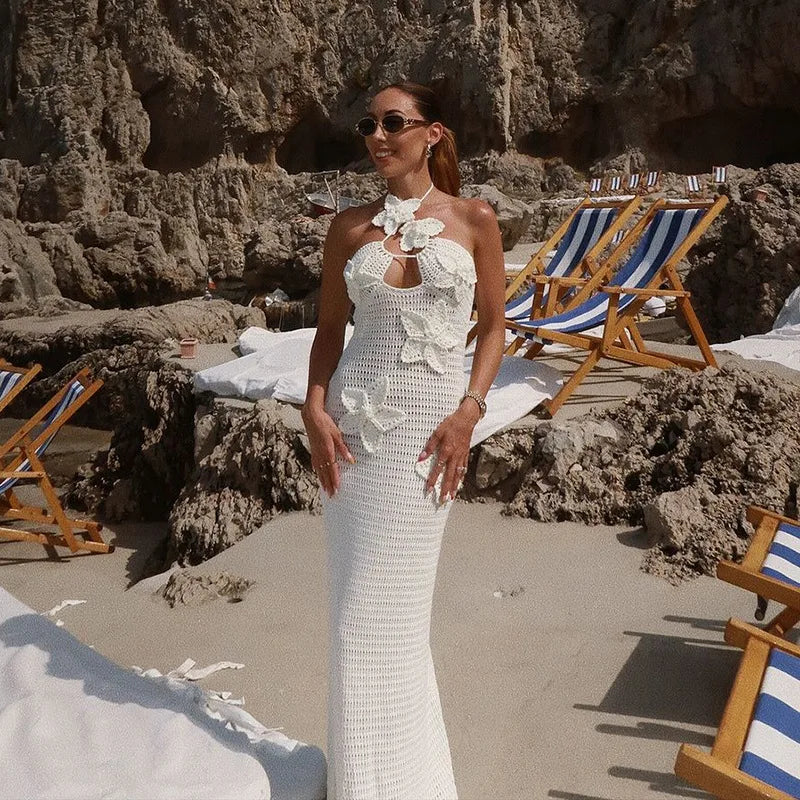 See Through Crochet Floral Knit Sexy Maxi Dress For Women Halter Sleeveless Backless Party Long Dress Beachwear New
