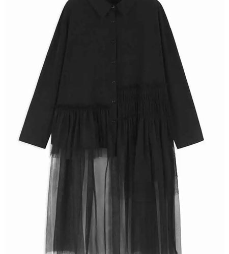 Women Black Mesh Irregular Spliced Long Big Size Blouse New Lapel Long Sleeve Shirt Fashion Spring Autumn 2025 1DH7624