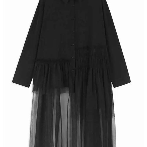 Load image into Gallery viewer, Women Black Mesh Irregular Spliced Long Big Size Blouse New Lapel Long Sleeve Shirt Fashion Spring Autumn 2025 1DH7624
