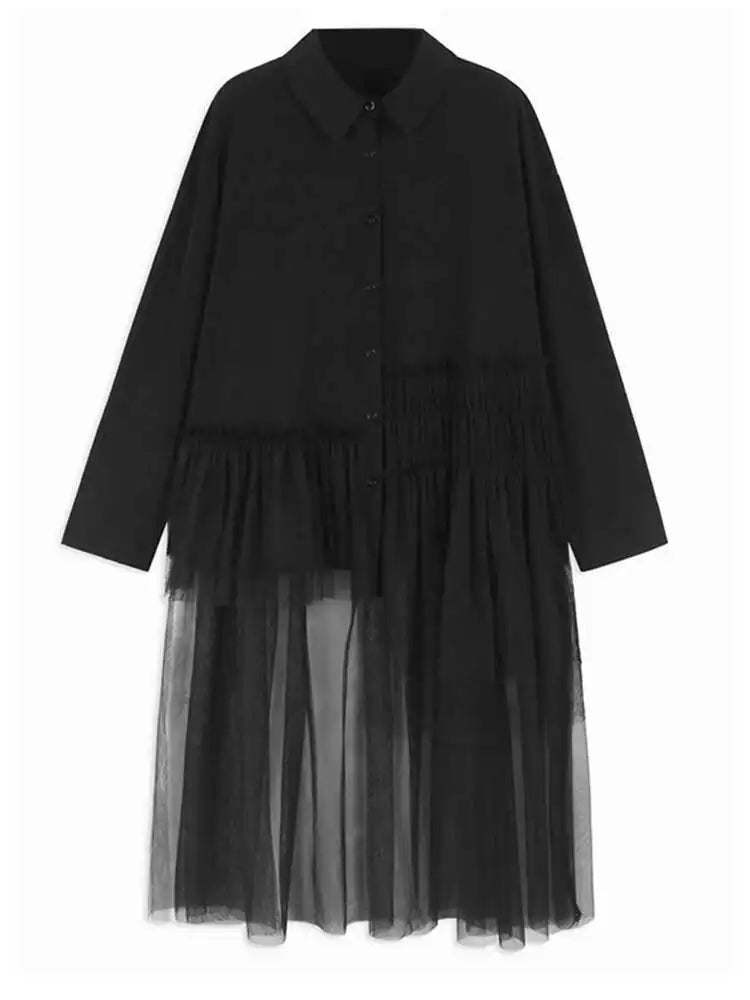 Women Black Mesh Irregular Spliced Long Big Size Blouse New Lapel Long Sleeve Shirt Fashion Spring Autumn 2025 1DH7624