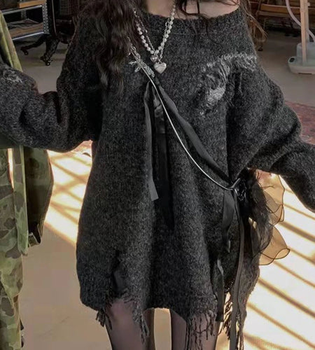 2025 Harajuku Vintage Grunge All Match Sweaters Women Y2k Aesthetic Oversized Hole Jumpers Streetwear Casual Gothic Pullover