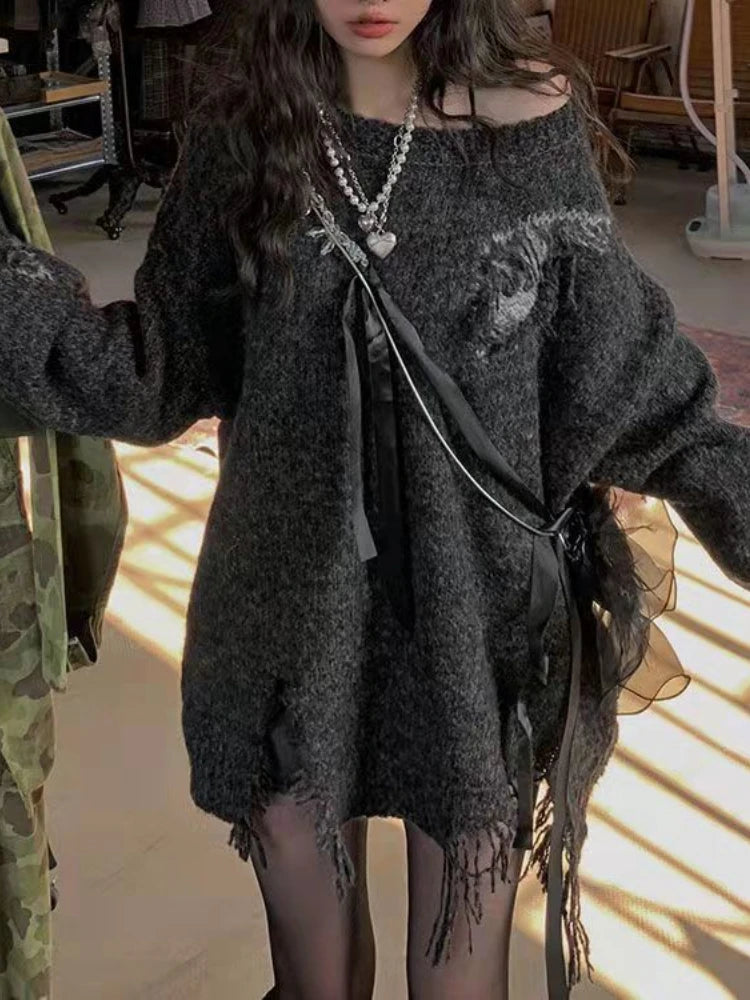 2025 Harajuku Vintage Grunge All Match Sweaters Women Y2k Aesthetic Oversized Hole Jumpers Streetwear Casual Gothic Pullover