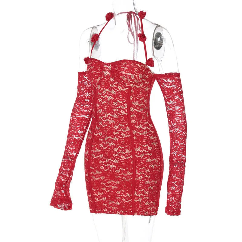 Red Lace Off-shoulder Sexy Mini Dress For Women Fashion Halter Strapless Long Sleeve Bodycon Club Party Sexy Dress